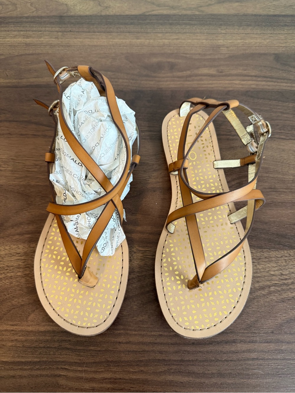 Aldo Tan Strappy Sandals with Gold Accent Footbed